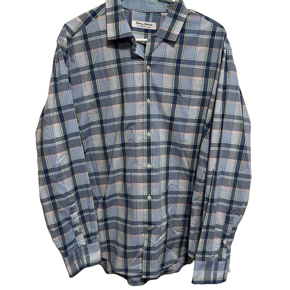 Tommy Bahama Men's Plaid Long Sleeve Dress Shirt Blue Sz Large Pima Cotton